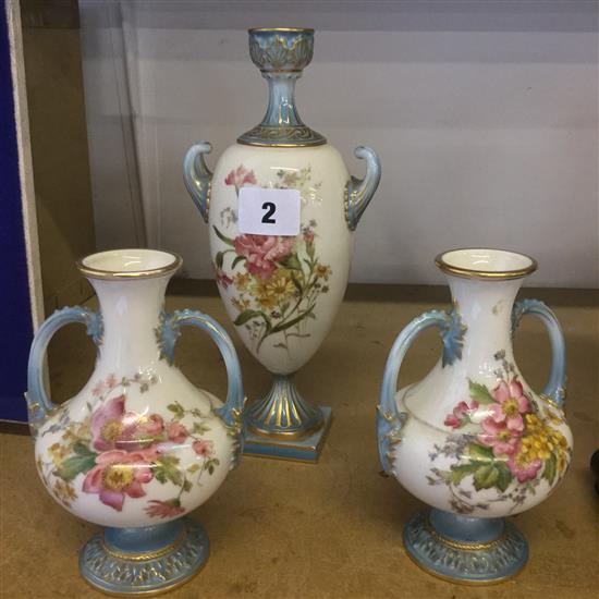 Set of 3 Worcester floral 2-handled vases